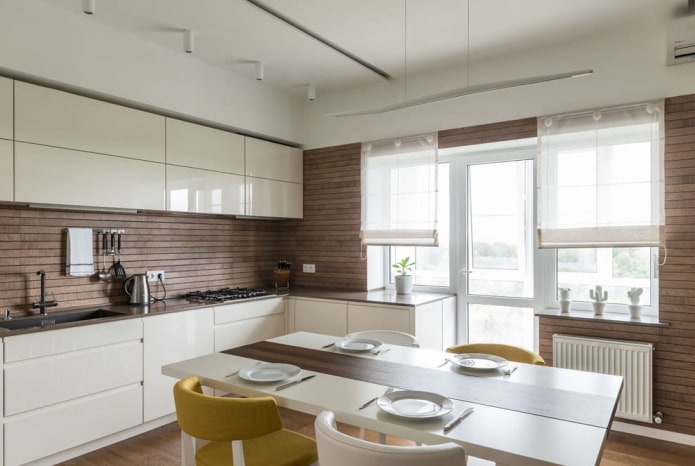 On the windows, translucent short Roman blinds