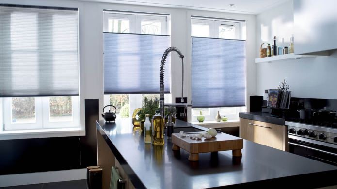 Pleated blinds in the interior of a modern kitchen