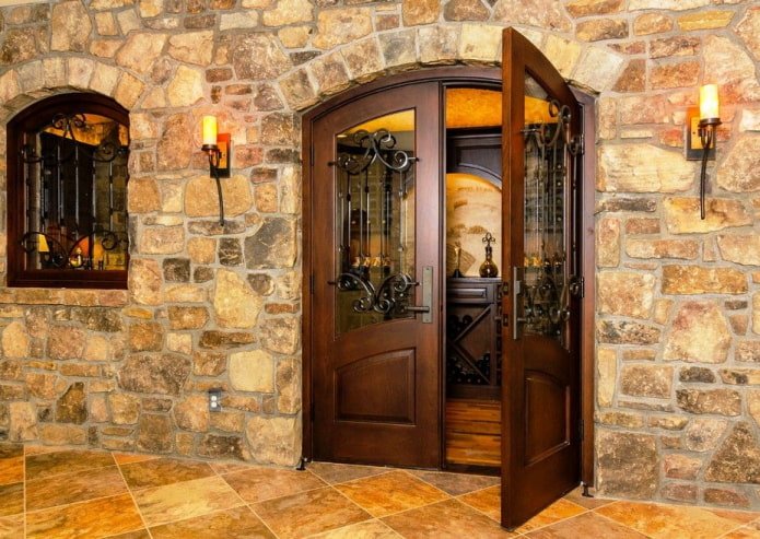 wooden door with forged elements