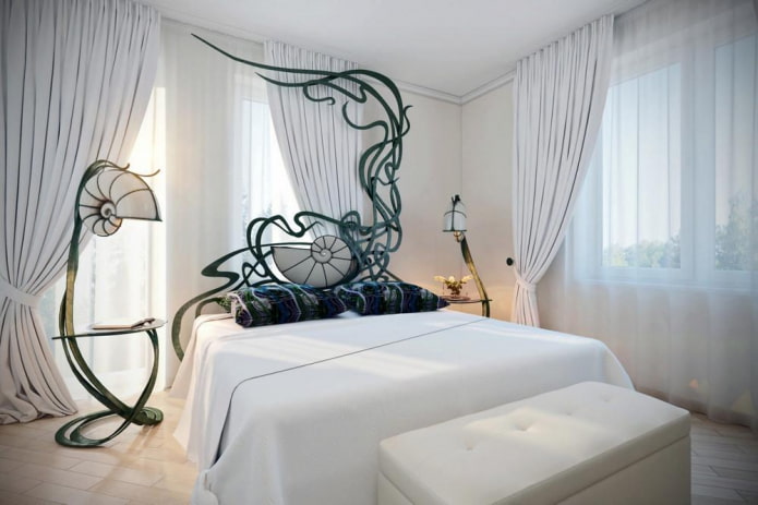 forged bed in the bedroom in the Art Nouveau style