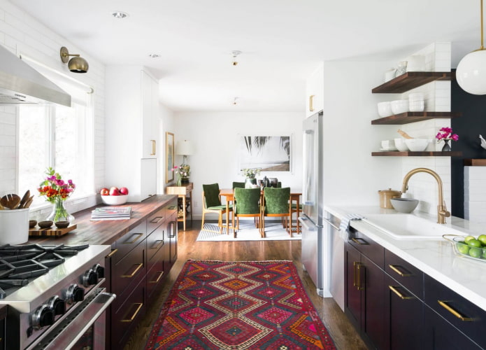 rug in a two-row kitchen