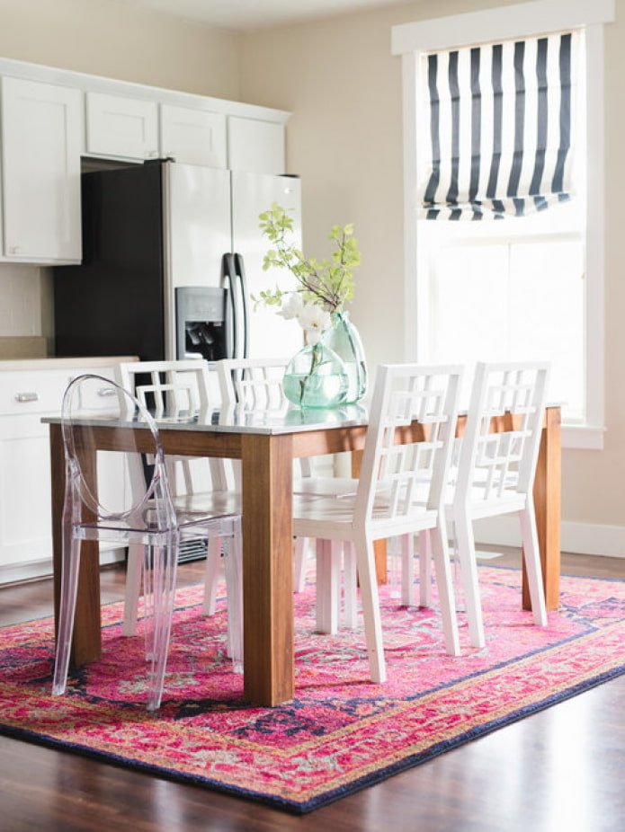 rug under the table in the kitchen