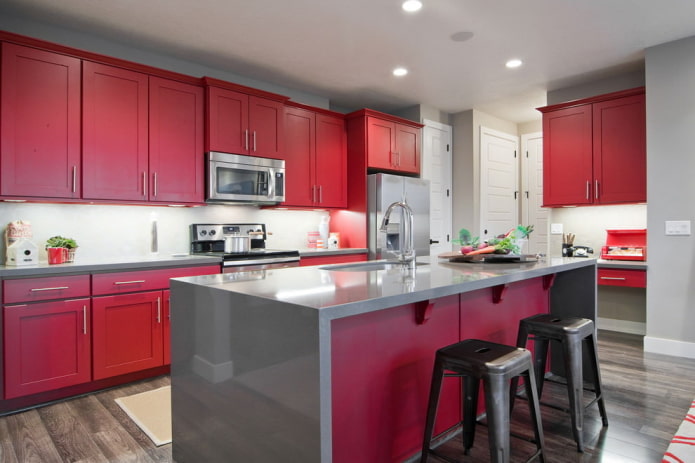 kitchen interior in gray and red tones