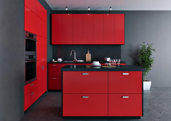 kitchen interior in gray and red tones