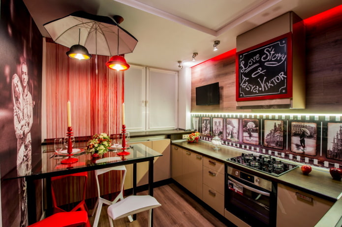 kitchen interior with red accents