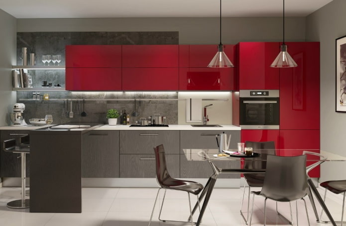 kitchen interior in grey and red tones