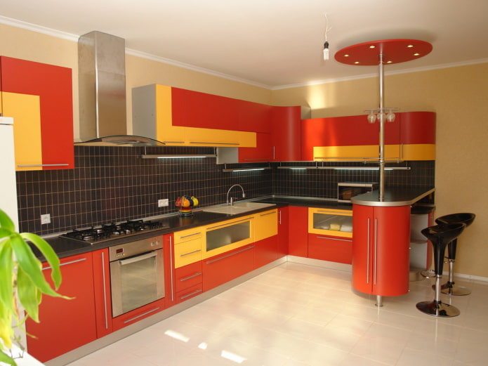 kitchen interior in yellow and red tones