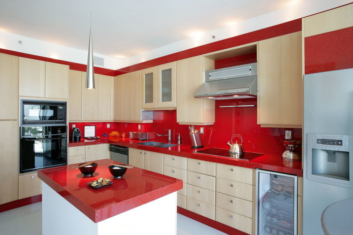 kitchen interior in red and beige tones