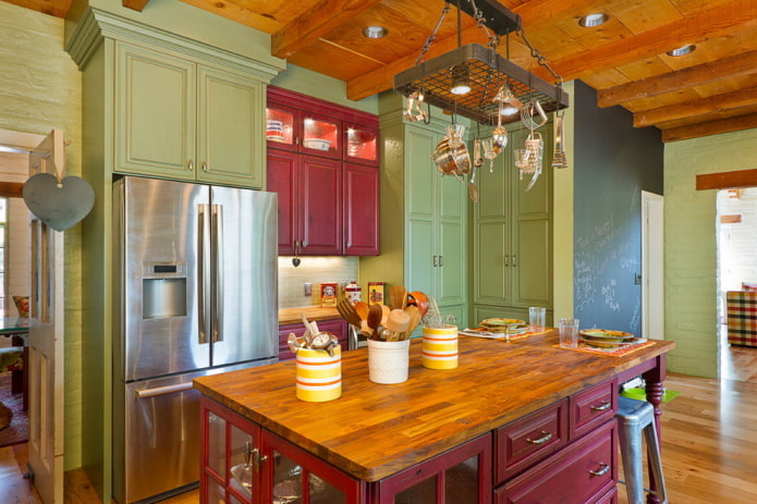 kitchen interior in red and green tones