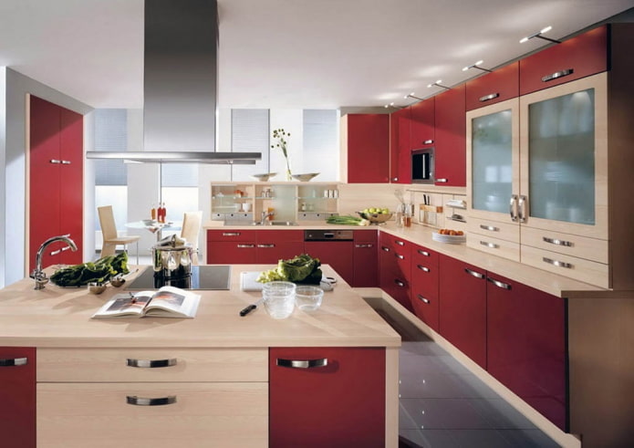 kitchen interior in red and beige tones