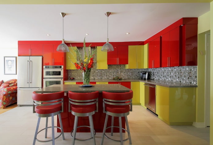 kitchen interior in red and green tones