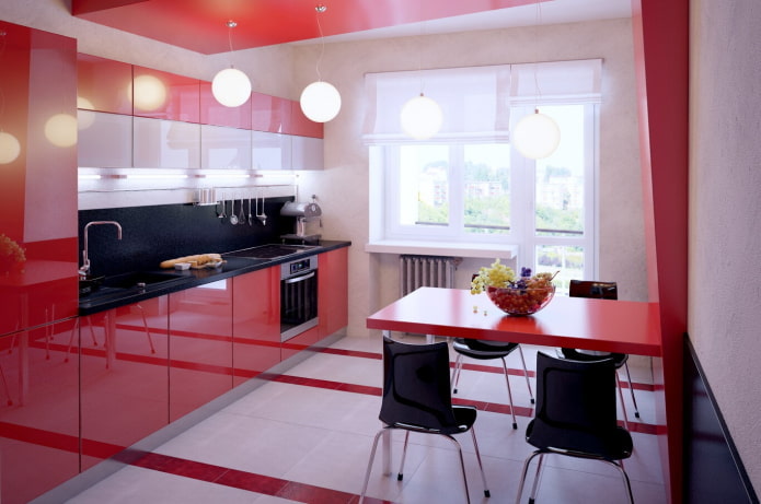 curtains in the kitchen interior in red tones