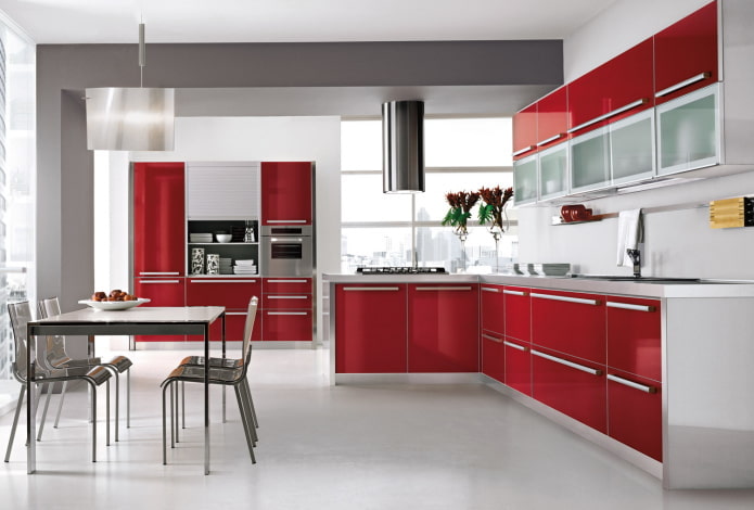 red kitchen interior in a high-tech style