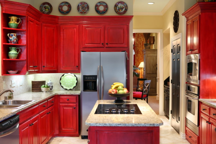 interior of a small kitchen in red tones