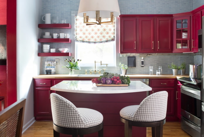 interior of a small kitchen in red tones