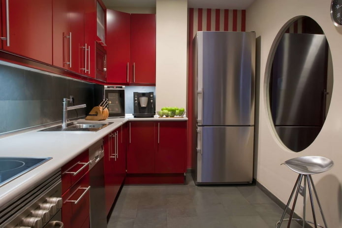 interior of a small kitchen in red tones