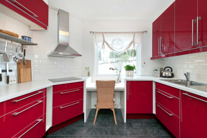 curtains in the kitchen interior in red tones