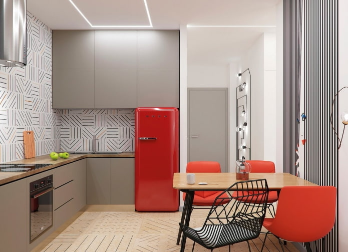 kitchen interior with red accents