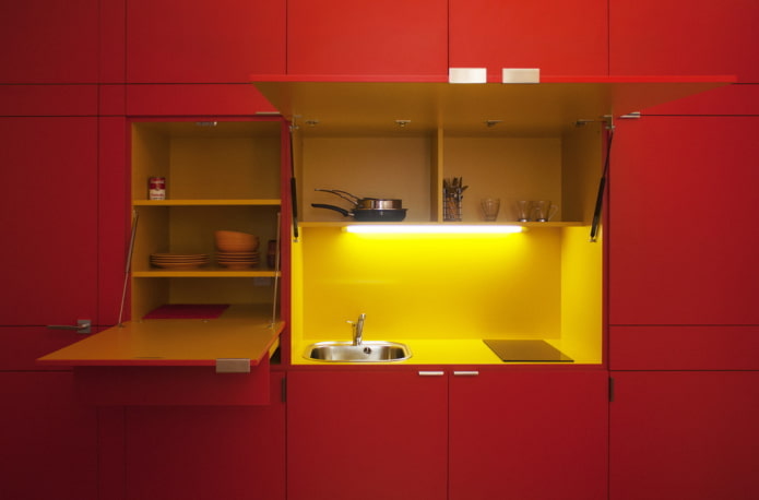 kitchen interior in yellow and red tones