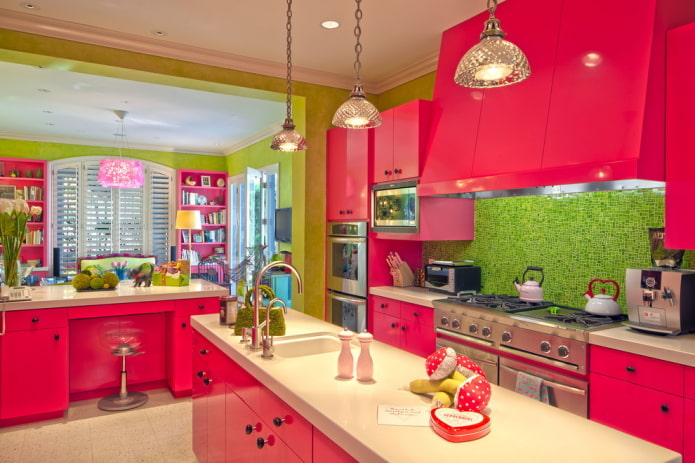 kitchen interior in red and green tones