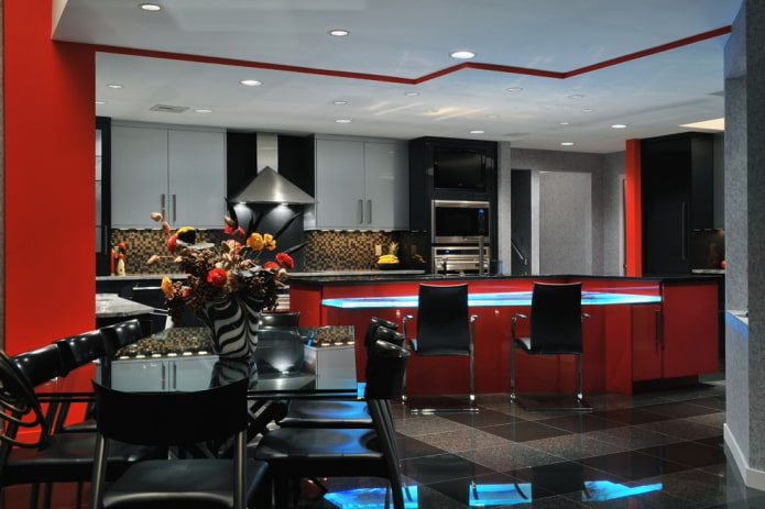 Red and black kitchen with gray cabinets