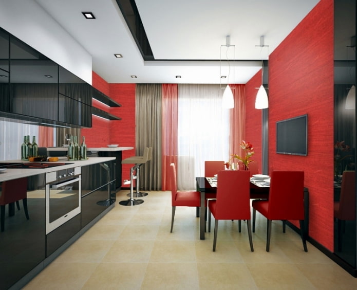 curtains for a red and black kitchen