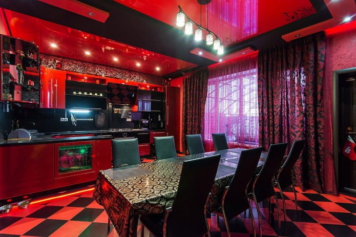 black and red curtains and red tulle