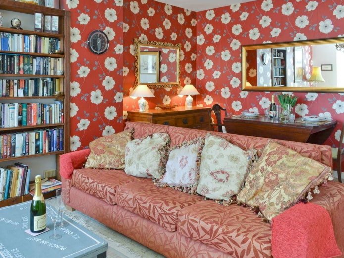 living room interior with floral wallpaper