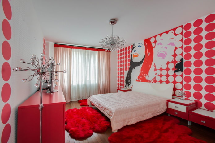 light curtains in a white and red bedroom