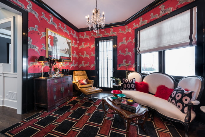 gray curtains and wallpaper in red tones
