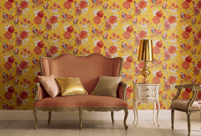 Red and yellow wallpaper with flowers