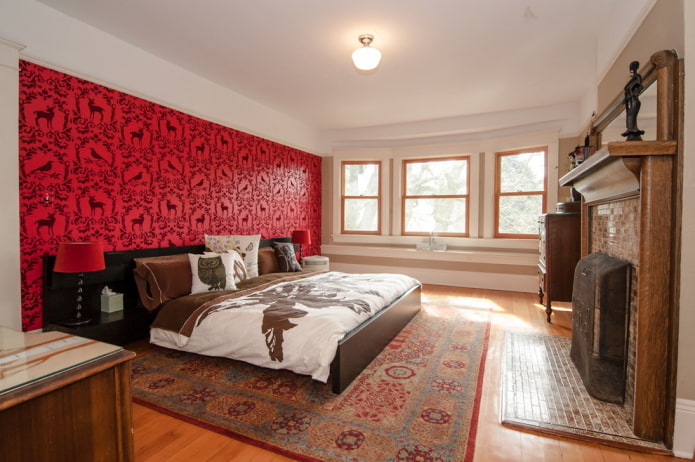 red wallpaper and white ceiling