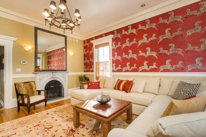 red wallpaper with a zebra pattern