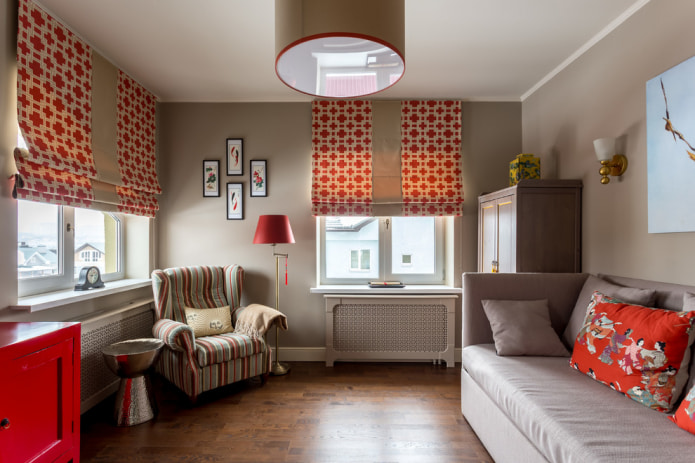 Red and beige Roman blind
