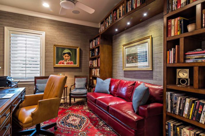 dark red sofa in the study
