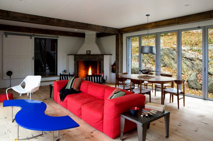 red fabric sofa