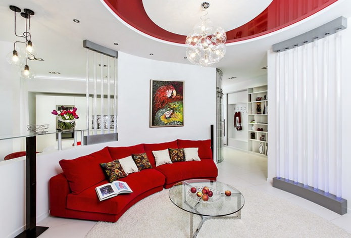 minimalist living room with a red modular sofa