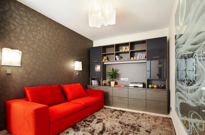 brown wallpaper and red fabric sofa