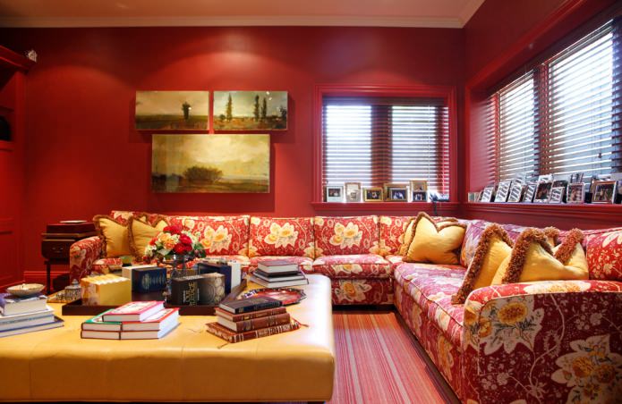 Red and yellow sofa with a pattern
