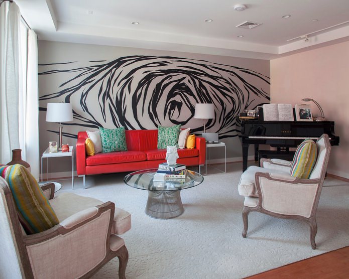 red fabric sofa in the living room