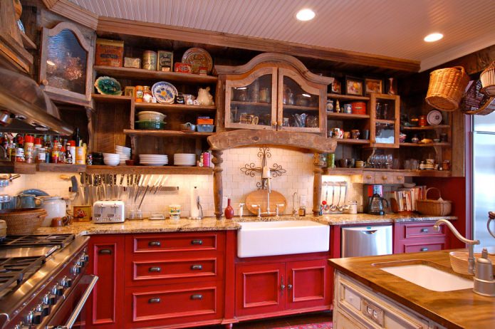 Red kitchen set in country style
