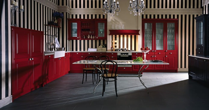 burgundy and black kitchen with striped wallpaper