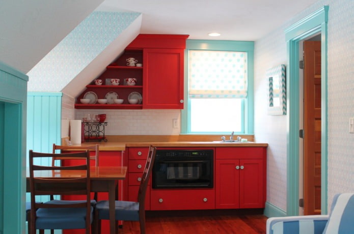 white and blue wallpaper in the kitchen with red facades