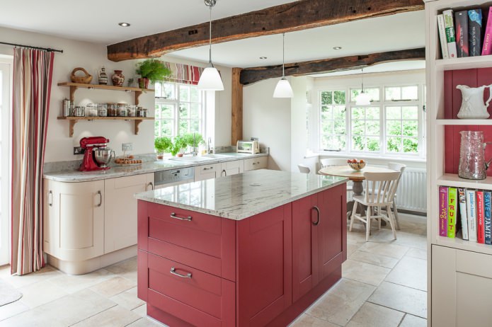 Red and beige kitchen set in country style
