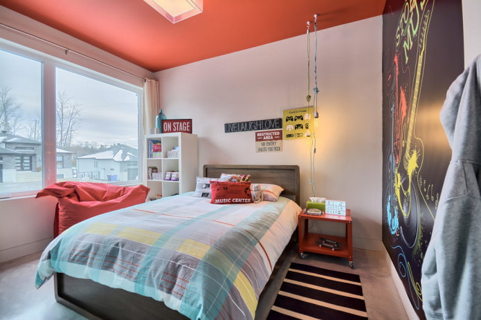 light red ceiling in a teenager's room