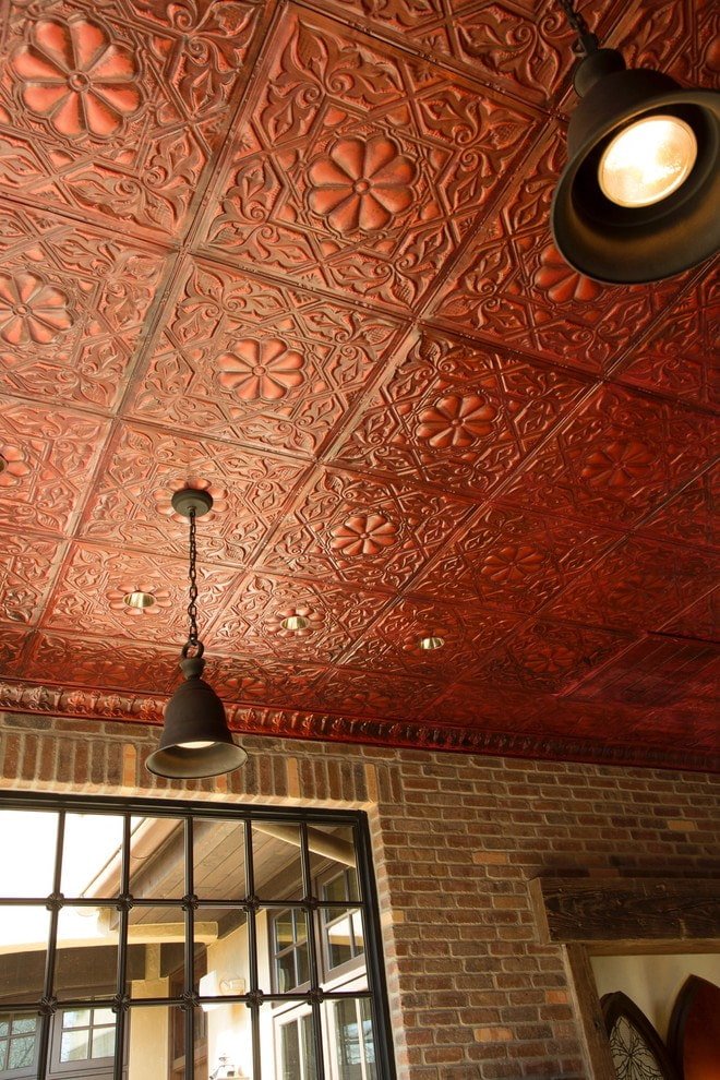dark red tile on the ceiling