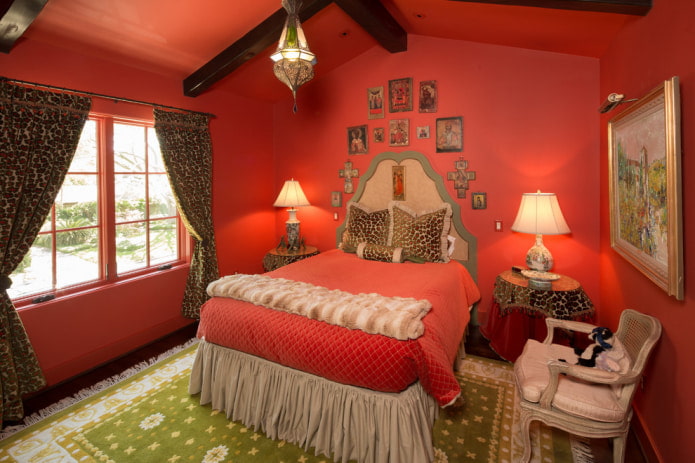 red bedroom in a country house interior