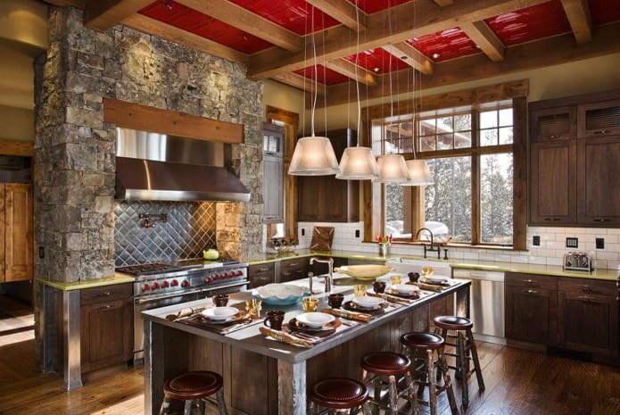 shiny ceiling with wooden beams