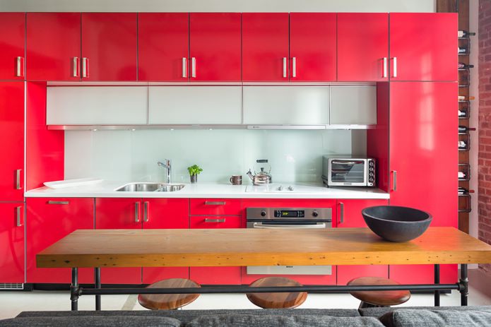 glass white apron in a red kitchen