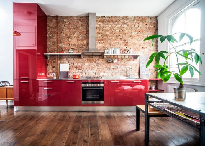 kitchen with brick wall